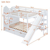 Full-Over-Full Castle Style Bunk Bed with Drawers, Shelves, Slide
