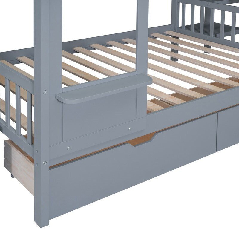 Full-Over-Full Castle Style Bunk Bed with Drawers, Shelves, Slide