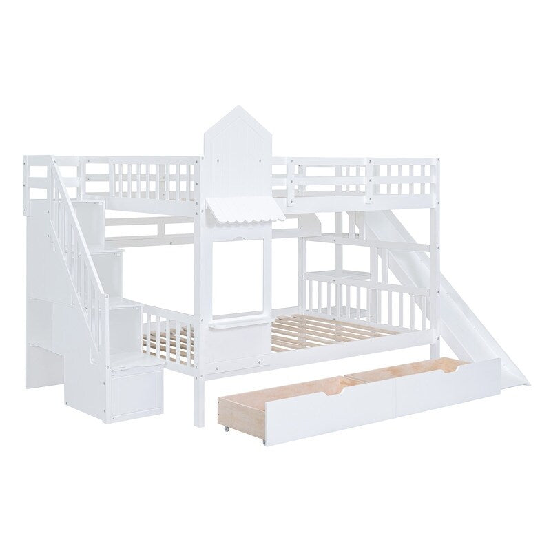Full-Over-Full Castle Style Bunk Bed with Drawers, Shelves, Slide