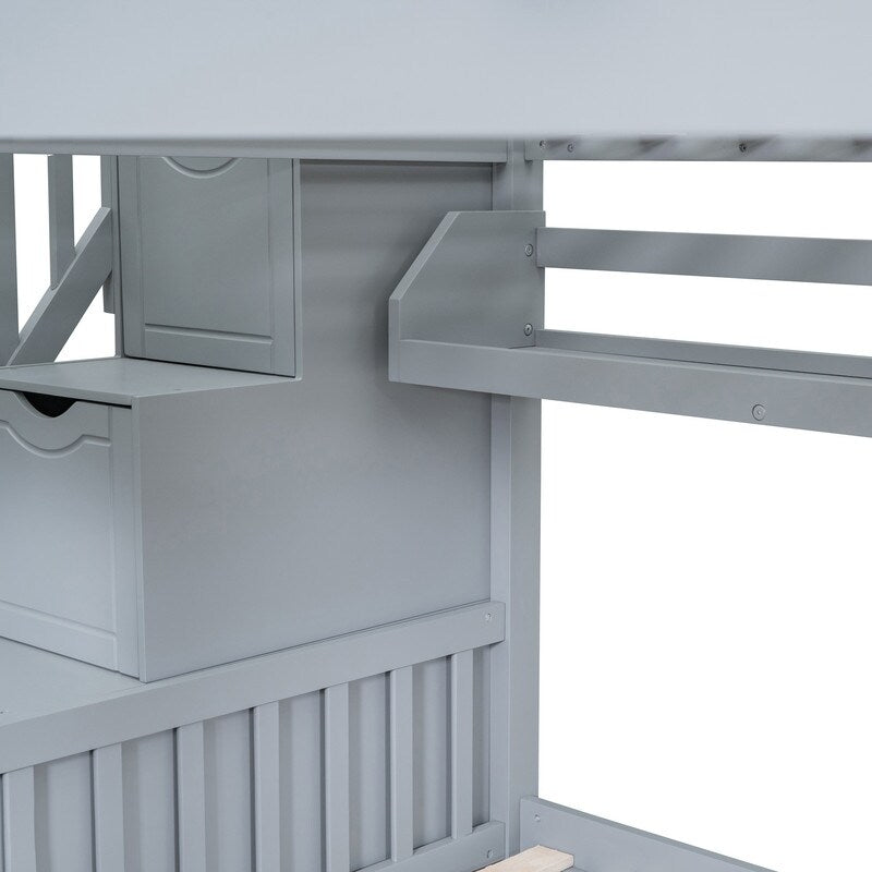 Full-Over-Full Castle Style Bunk Bed with Drawers, Shelves, Slide