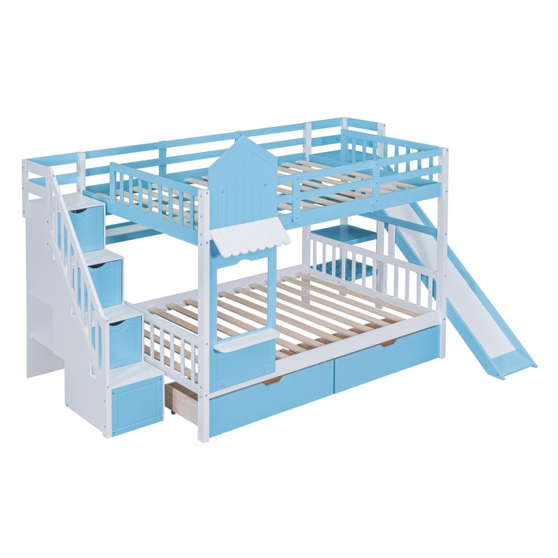 Full-Over-Full Castle Style Bunk Bed with Drawers, Shelves, Slide