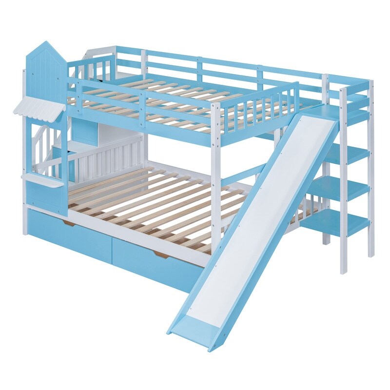 Full-Over-Full Castle Style Bunk Bed with Drawers, Shelves, Slide