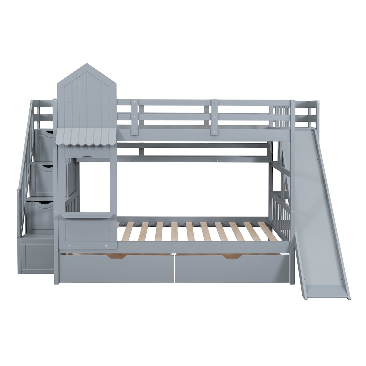 Full-Over-Full Castle Style Bunk Bed with 2 Drawers 3 Shelves and Slide