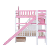 Full-Over-Full Castle Style Bunk Bed with Drawers, Shelves, Slide