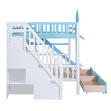 Full-Over-Full Castle Style Bunk Bed with Drawers, Shelves, Slide