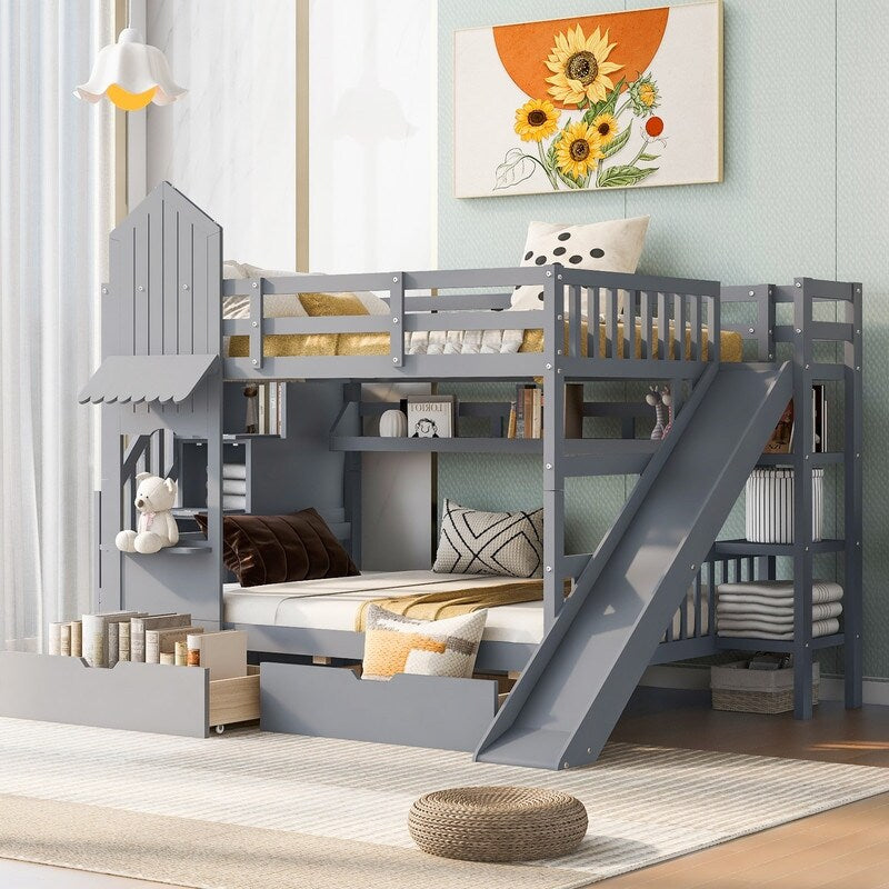 Full-Over-Full Castle Style Bunk Bed with Drawers, Shelves, Slide