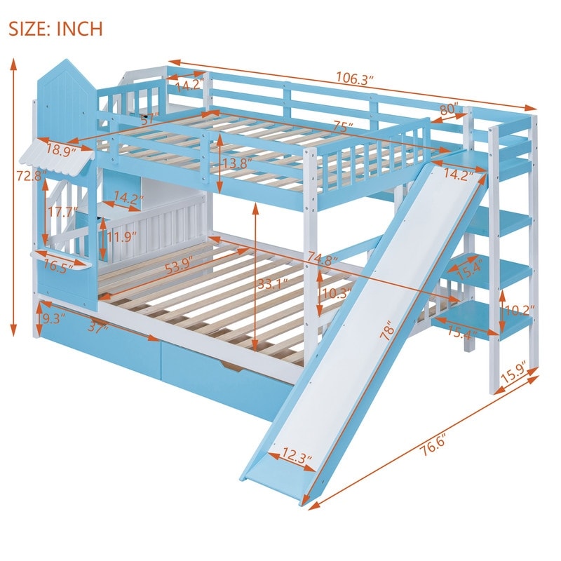 Full-Over-Full Castle Style Bunk Bed with Drawers, Shelves, Slide