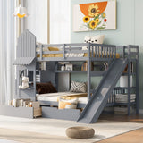Full-Over-Full Castle Style Bunk Bed with 2 Drawers 3 Shelves and Slide