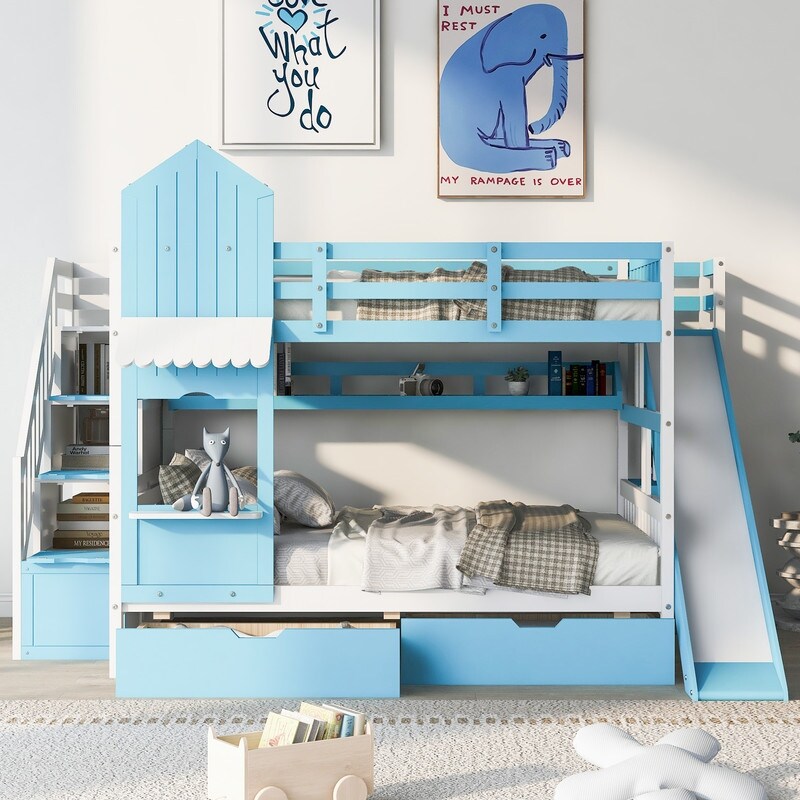 Full-Over-Full Castle Style Bunk Bed with Drawers, Shelves, Slide