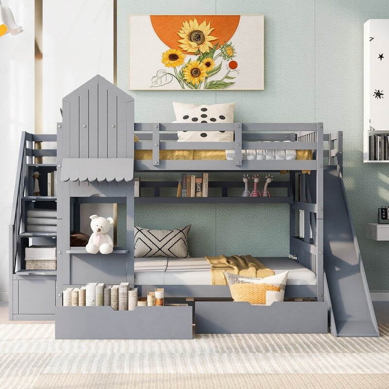 Full-Over-Full Castle Style Bunk Bed with Drawers, Shelves, Slide