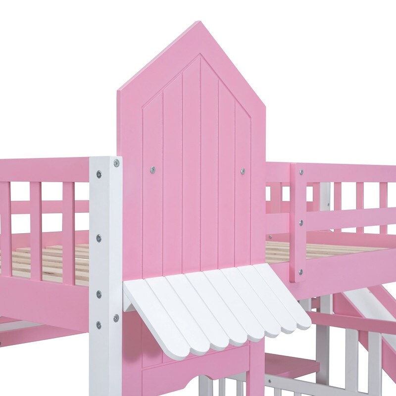 Full-Over-Full Castle Style Bunk Bed with Drawers, Shelves, Slide