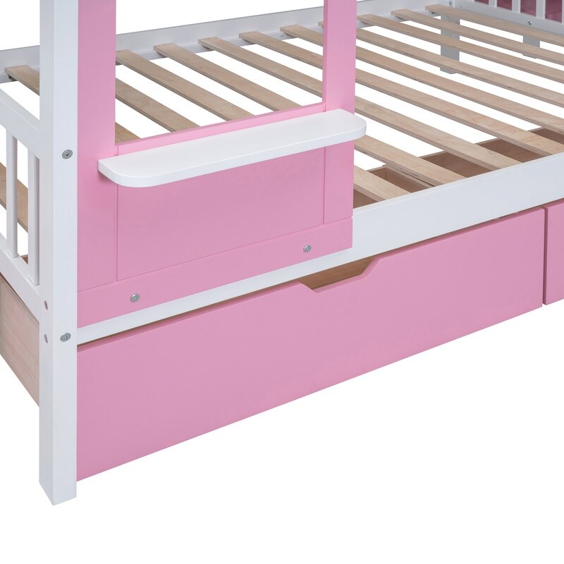 Full-Over-Full Castle Style Bunk Bed with Drawers, Shelves, Slide