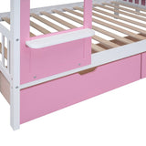 Full-Over-Full Castle Style Bunk Bed with Drawers, Shelves, Slide