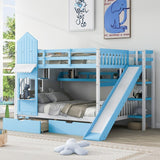Full-Over-Full Castle Style Bunk Bed with Drawers, Shelves, Slide