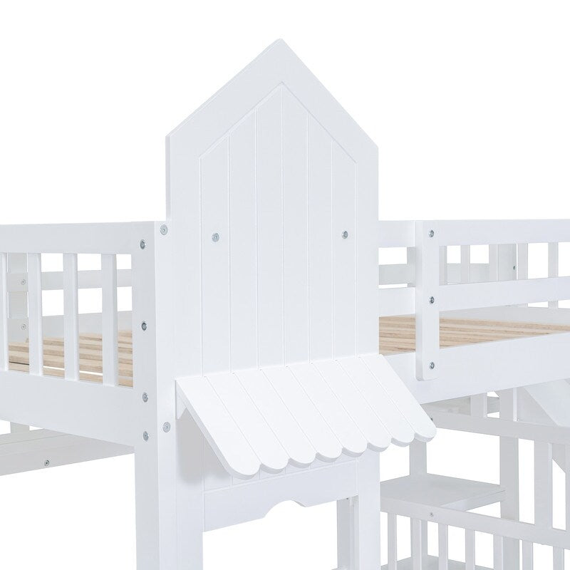 Full-Over-Full Castle Style Bunk Bed with Drawers, Shelves, Slide