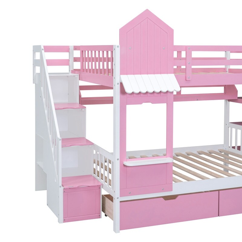 Full-Over-Full Castle Style Bunk Bed with Drawers, Shelves, Slide