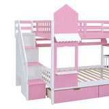 Full-Over-Full Castle Style Bunk Bed with Drawers, Shelves, Slide