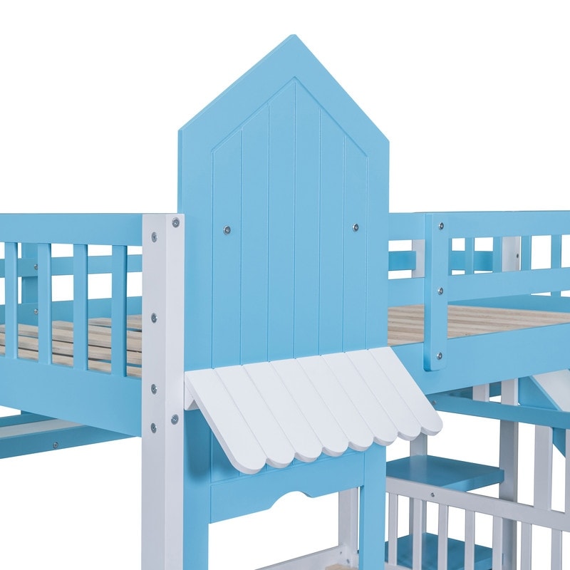 Full-Over-Full Castle Style Bunk Bed with Drawers, Shelves, Slide