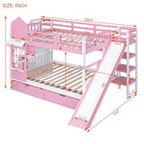 Full-Over-Full Castle Style Bunk Bed with Drawers, Shelves, Slide