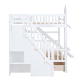 Full-Over-Full Castle Style Bunk Bed with Drawers, Shelves, Slide