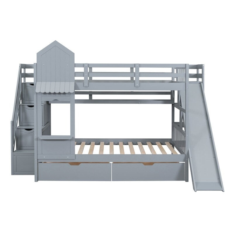 Full-Over-Full Castle Style Bunk Bed with Drawers, Shelves, Slide