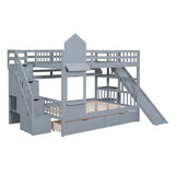 Full-Over-Full Castle Style Bunk Bed with 2 Drawers 3 Shelves and Slide