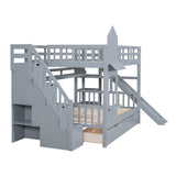 Full-Over-Full Castle Style Bunk Bed with Drawers, Shelves, Slide