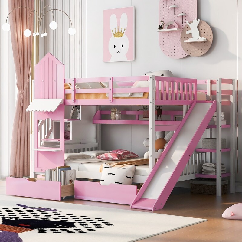 Full-Over-Full Castle Style Bunk Bed with Drawers, Shelves, Slide