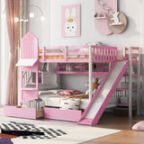 Full-Over-Full Castle Style Bunk Bed with Drawers, Shelves, Slide