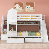 Full-Over-Full Castle Style Bunk Bed with 2 Drawers 3 Shelves and Slide