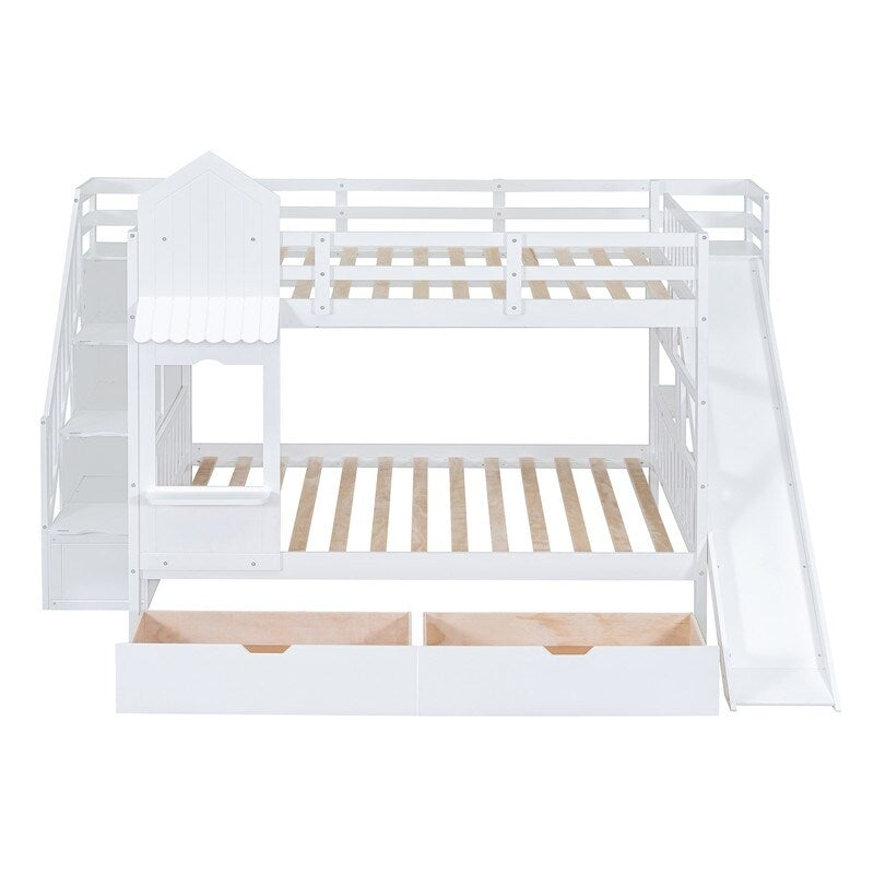 Full-Over-Full Castle Style Bunk Bed with Drawers, Shelves, Slide
