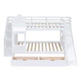Full-Over-Full Castle Style Bunk Bed with Drawers, Shelves, Slide