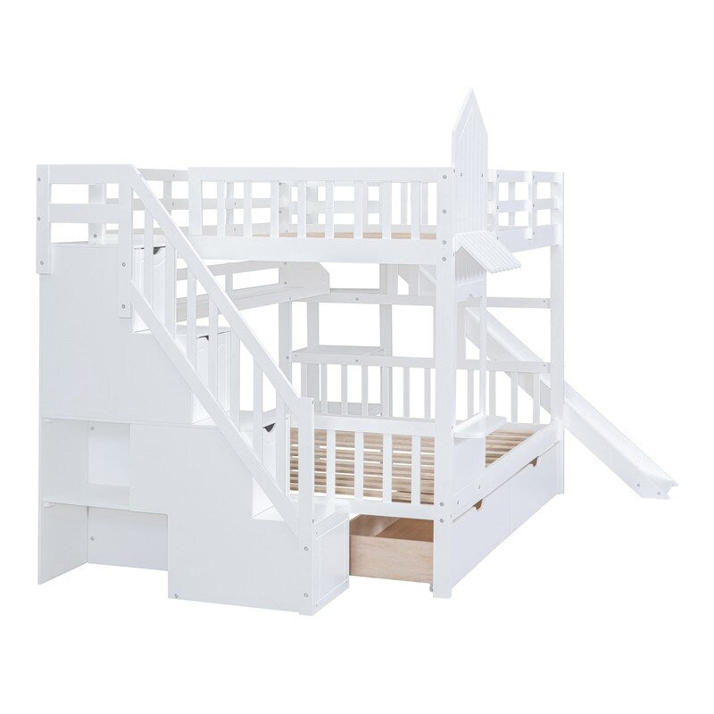 Full-Over-Full Castle Style Bunk Bed with Drawers, Shelves, Slide