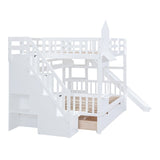 Full-Over-Full Castle Style Bunk Bed with Drawers, Shelves, Slide