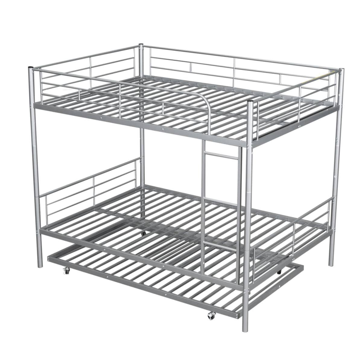 Full Over Full Metal Bunk Bed with Trundle, Safety Guardrails,Stylish Space-Saving Modern Metal Bunk Bed