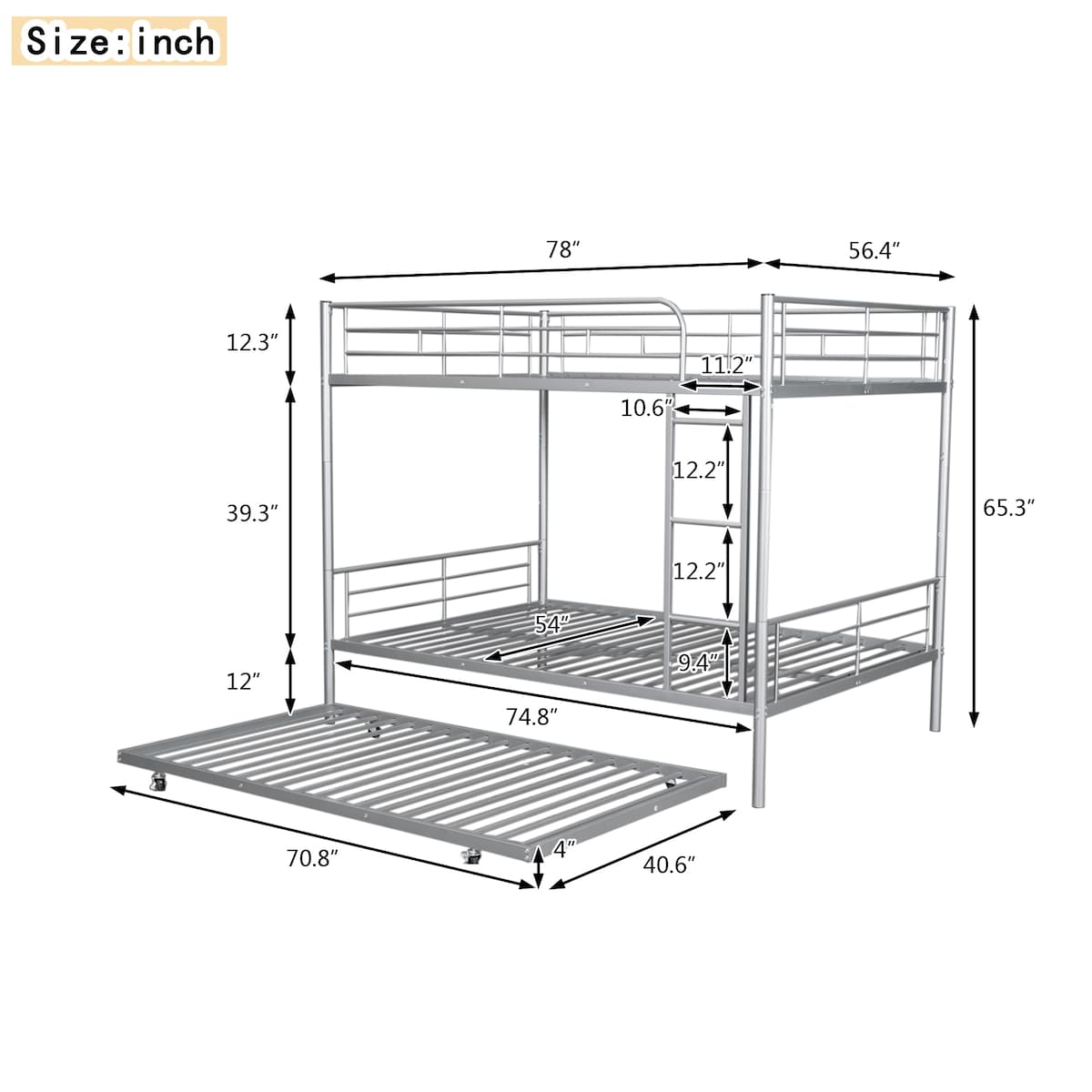 Full Over Full Metal Bunk Bed with Trundle, Safety Guardrails,Stylish Space-Saving Modern Metal Bunk Bed