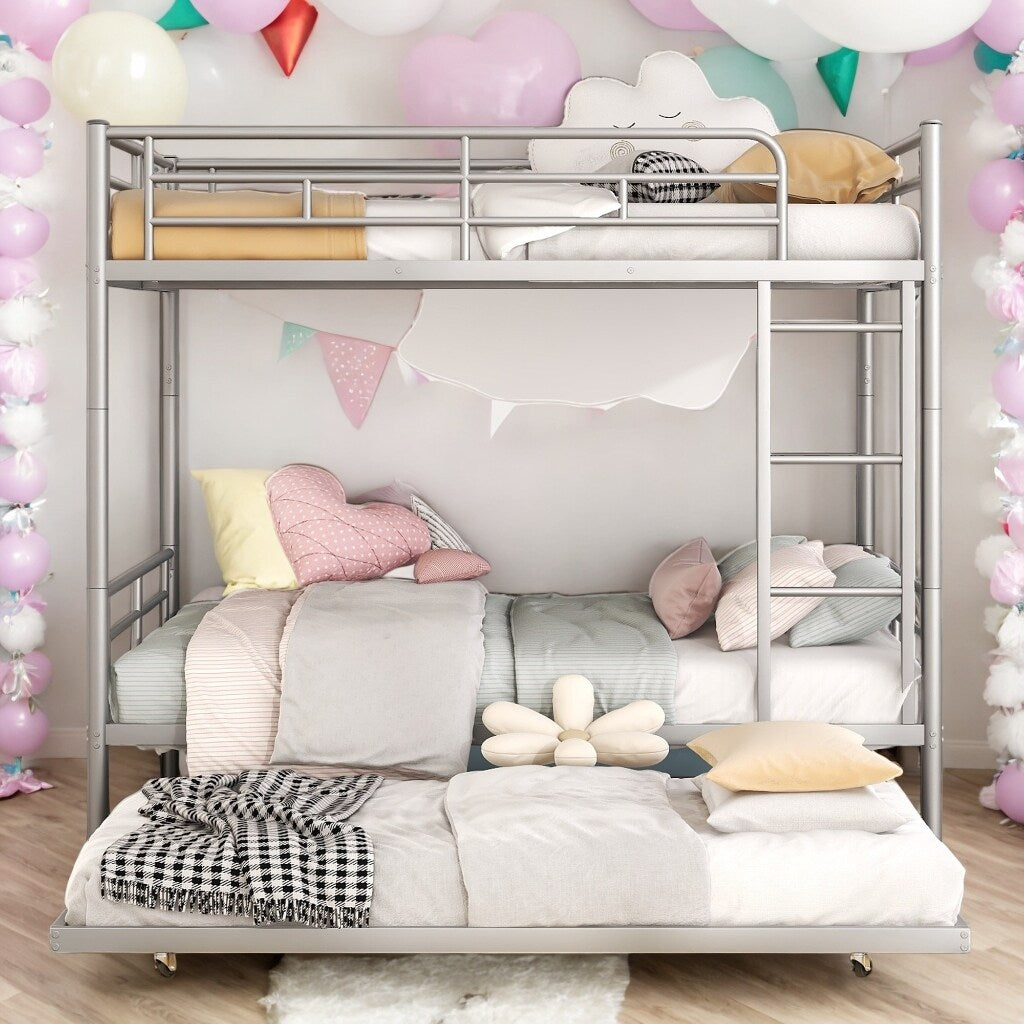 Full Over Full Metal Bunk Bed with Trundle, Safety Guardrails,Stylish Space-Saving Modern Metal Bunk Bed