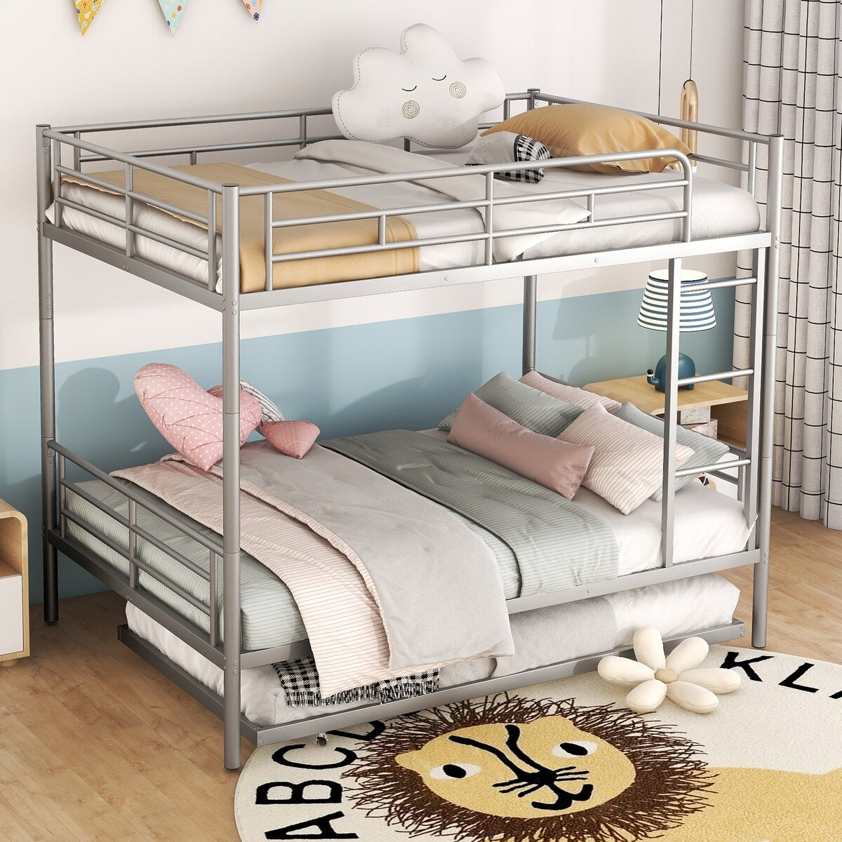 Full Over Full Metal Bunk Bed with Trundle, Safety Guardrails,Stylish Space-Saving Modern Metal Bunk Bed