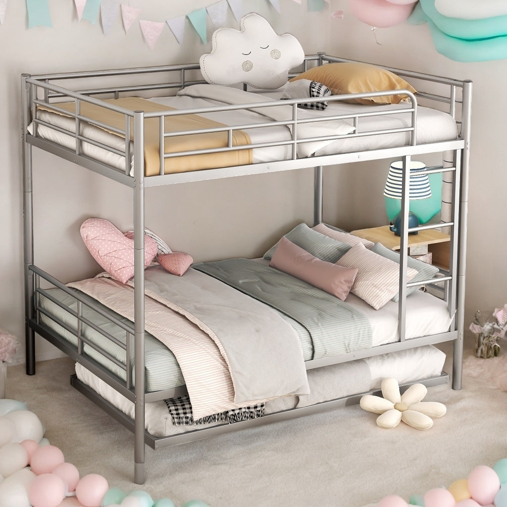 Full Over Full Metal Bunk Bed with Trundle, Safety Guardrails,Stylish Space-Saving Modern Metal Bunk Bed