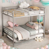 Full Over Full Metal Bunk Bed with Trundle, Safety Guardrails,Stylish Space-Saving Modern Metal Bunk Bed