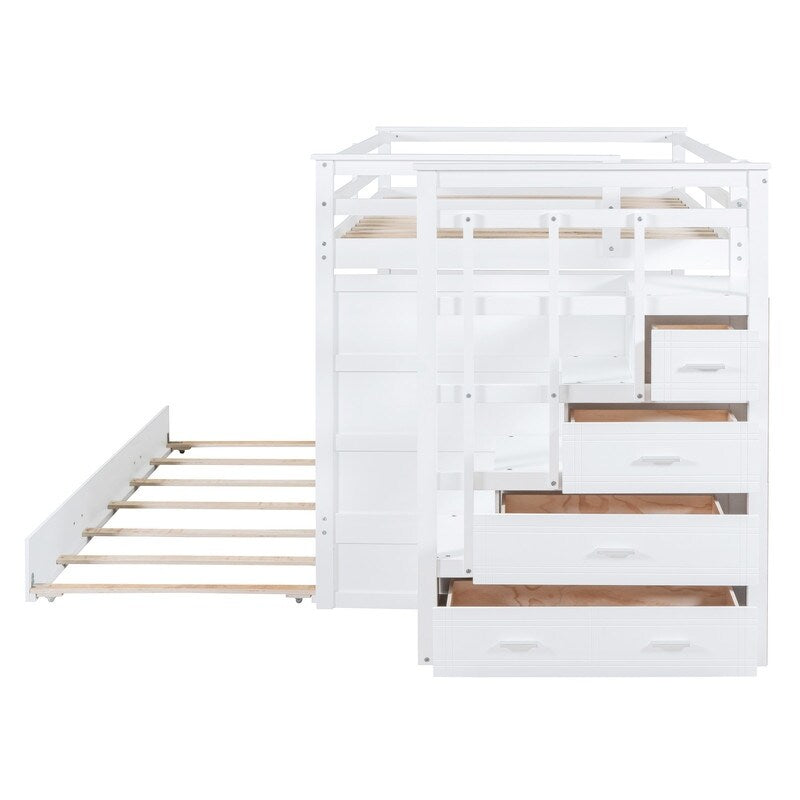 Full Over Full Wooden Bunk Bed with Twin Size Trundle and Staircase