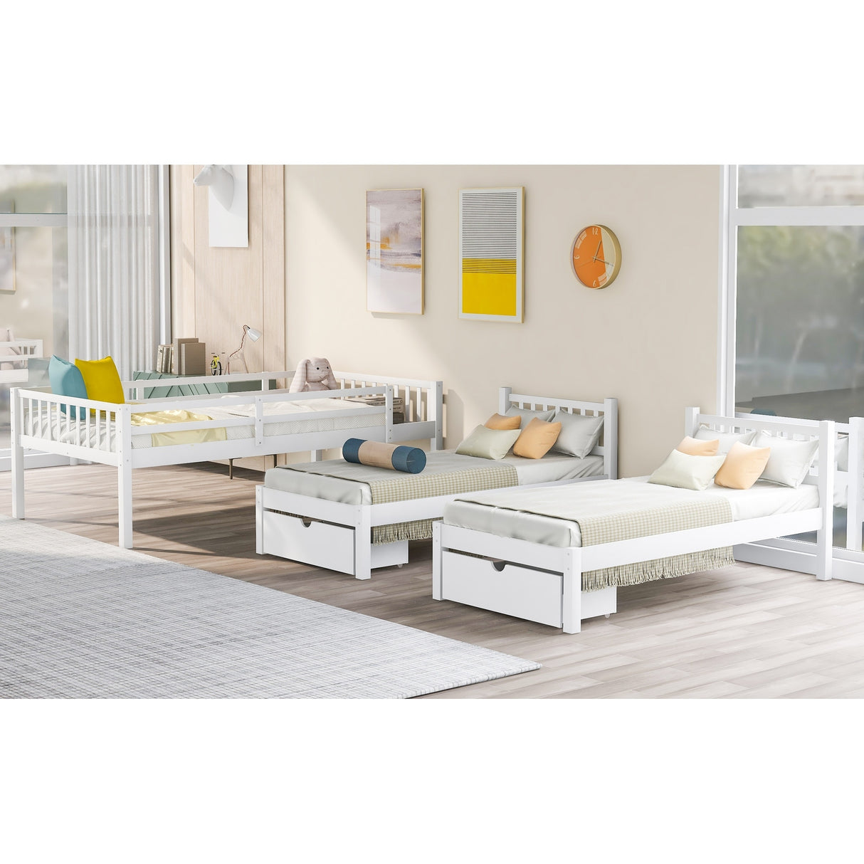 Full Over Twin & Twin Bunk Bed, Wood Triple Bunk Bed Stairs with Drawers and Guardrails, White