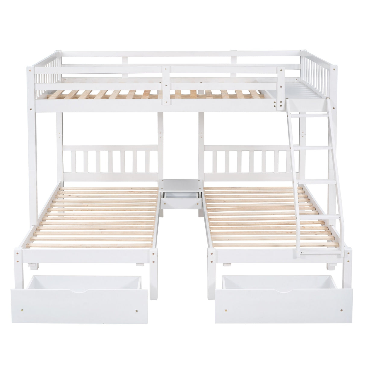 Full Over Twin & Twin Bunk Bed, Wood Triple Bunk Bed Stairs with Drawers and Guardrails, White