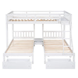 Full Over Twin & Twin Bunk Bed, Wood Triple Bunk Bed Stairs with Drawers and Guardrails, White
