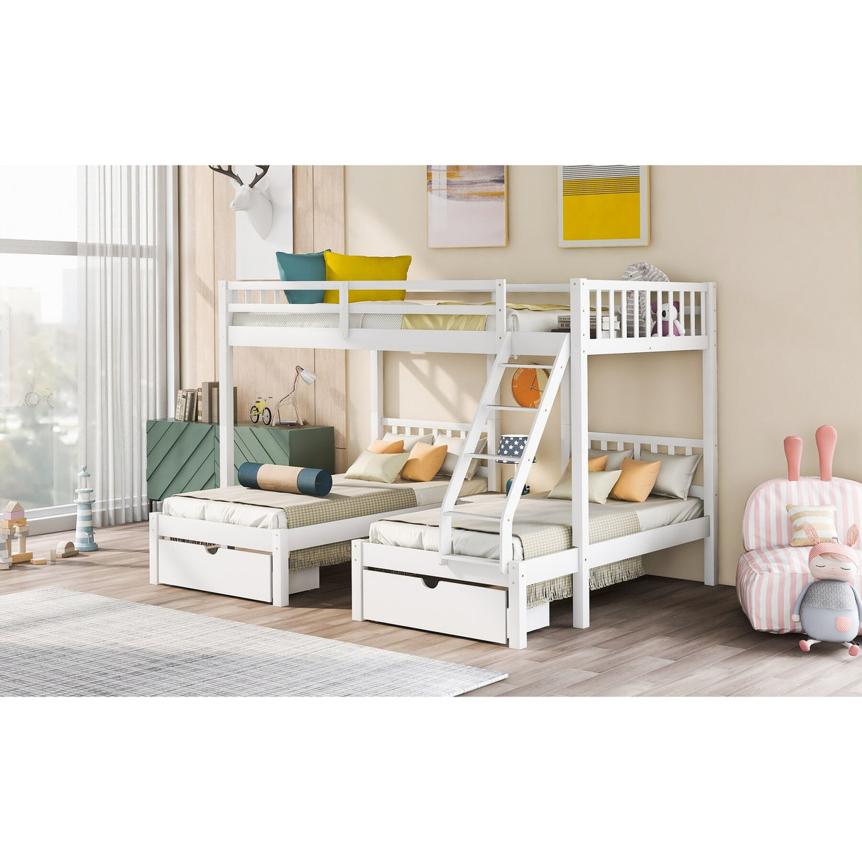 Full Over Twin & Twin Bunk Bed, Wood Triple Bunk Bed Stairs with Drawers and Guardrails, White