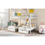 Full Over Twin & Twin Bunk Bed, Wood Triple Bunk Bed Stairs with Drawers and Guardrails, White