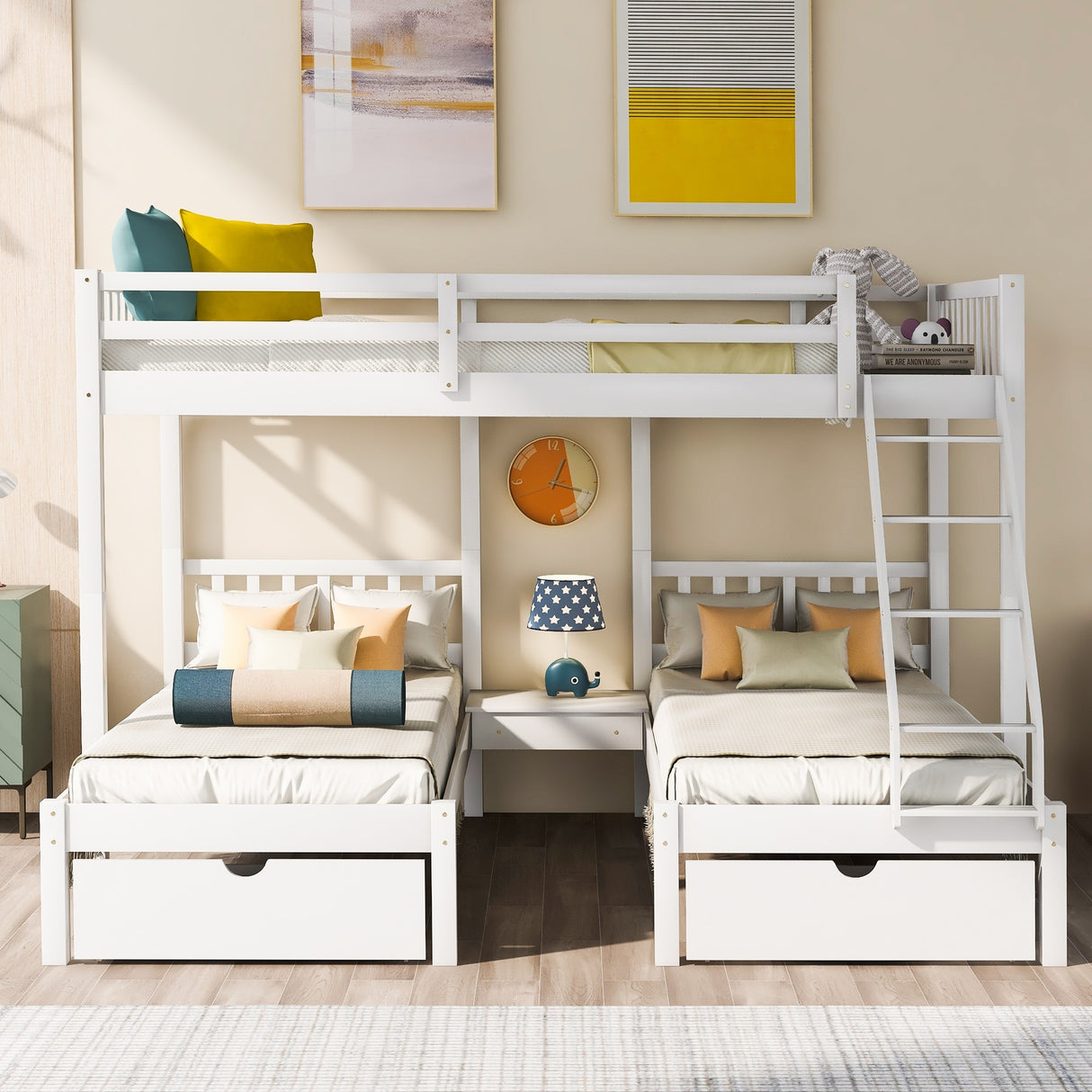 Full Over Twin & Twin Bunk Bed, Wood Triple Bunk Bed Stairs with Drawers and Guardrails, White