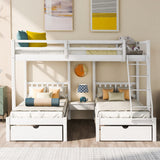 Full Over Twin & Twin Bunk Bed, Wood Triple Bunk Bed Stairs with Drawers and Guardrails, White