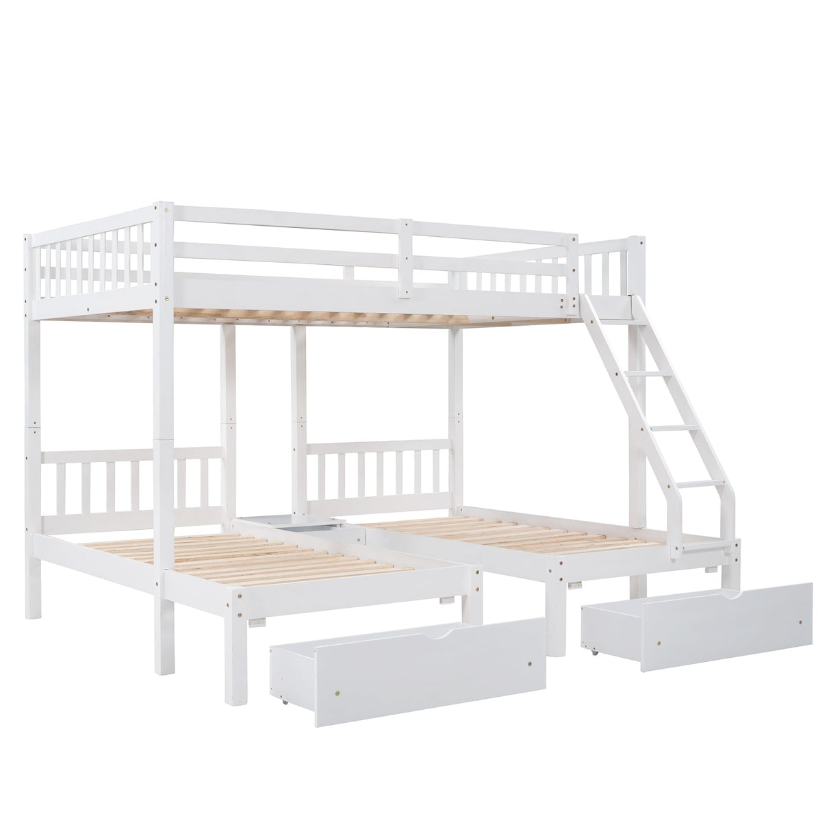 Full Over Twin & Twin Bunk Bed, Wood Triple Bunk Bed Stairs with Drawers and Guardrails, White