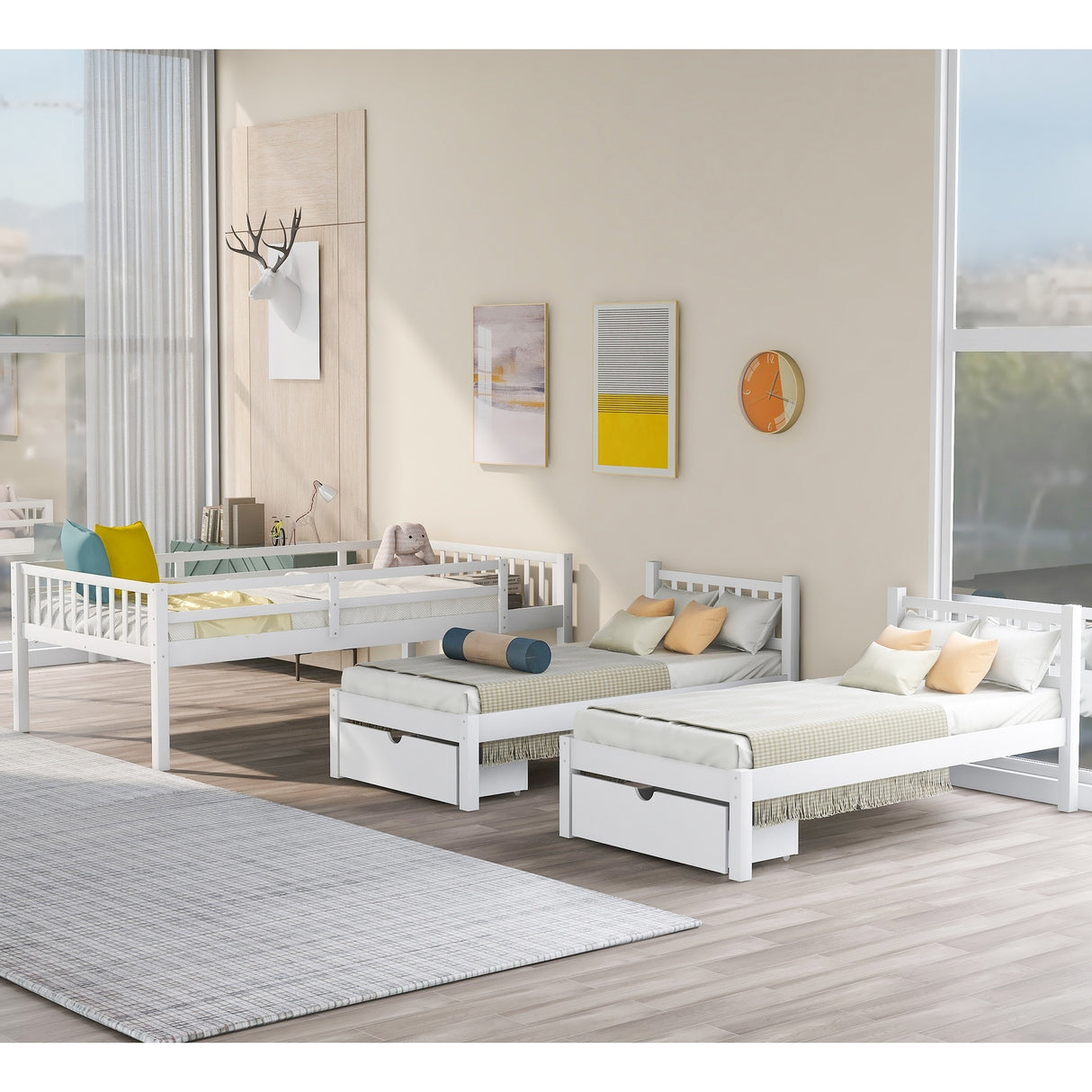 Full Over Twin & Twin Bunk Bed, Wood Triple Bunk Bed Stairs with Drawers and Guardrails, White